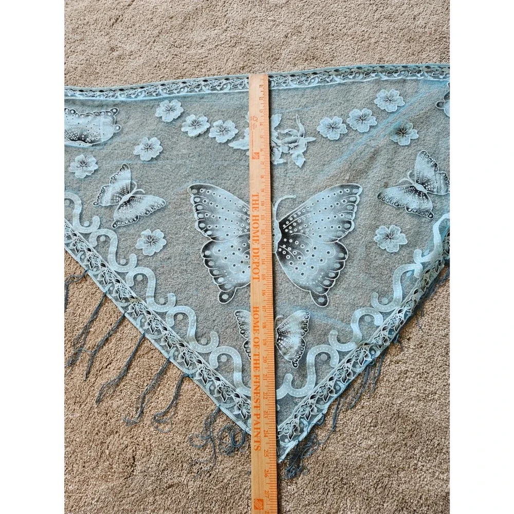 Butterfly Mesh Shawl Womens Scarf Blue Teal Fringe Boho Festival Sheer Fairycore